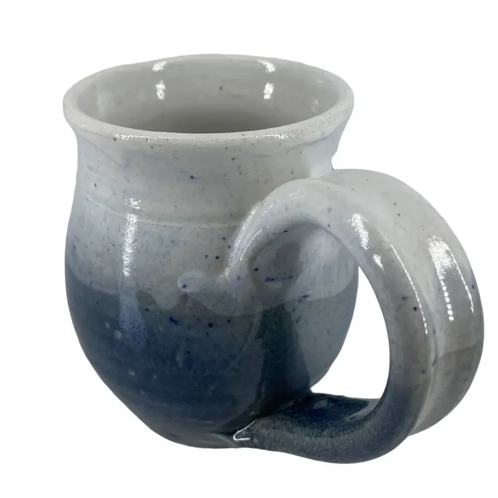 Pottery Mug Blue Signed Rustic Floral Design Coffee Tea Cup Ombre Studio Art